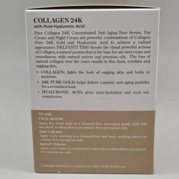 3 Pack DELFANTI ANTI AGING COLLAGEN 24K HA Day Cream + Night Cream + Face Serum - Picture 2 of 5